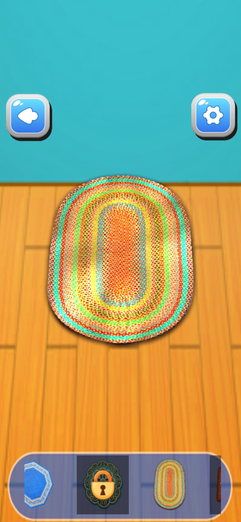 Rug selection menu in an ASMR cleaning game showing a colorful oval rug on a wooden floor