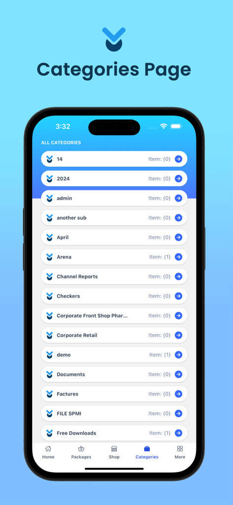 Página de categorías de la aplicación móvil WP Download Manager que muestra carpetas de documentos en un iPhone