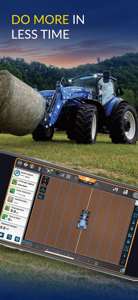 New Holland FieldOps™ - Interface do aplicativo New Holland FieldOps mostrando rastreamento de trator em tempo real e mapeamento de campo