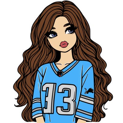 girl model with long wavy hair in a detroit lions jersey
