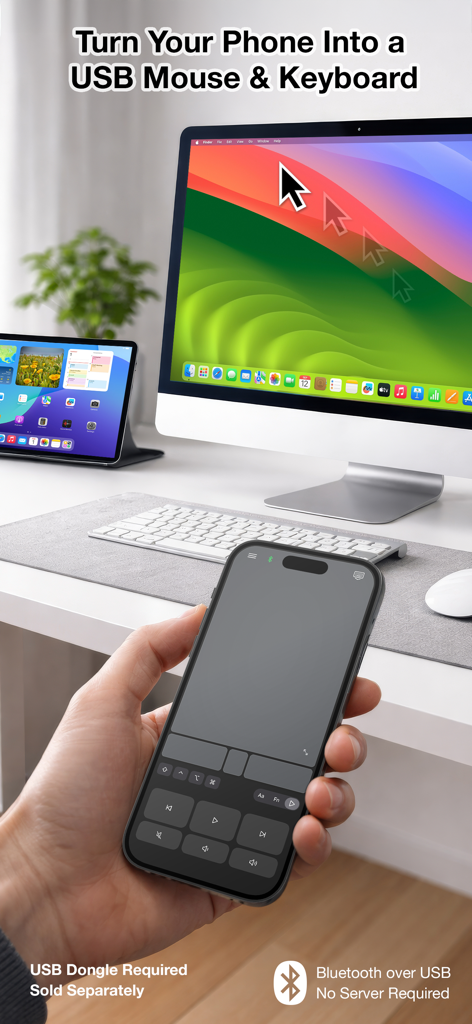 Una mano sosteniendo un iPhone usando la aplicación Mobile Mouse USB Remote para controlar un cursor de ratón en la pantalla de un iMac