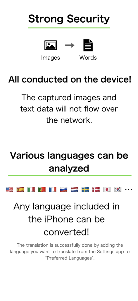 Speed Reading Books App - Gráfico mostrando a segurança de dados no dispositivo e suporte para vários idiomas internacionais