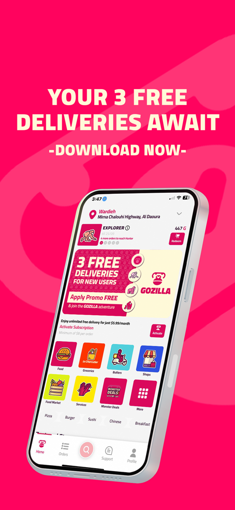 Gozilla - Delivery App - Gozilla delivery app interface displaying a promotional offer for three free deliveries and various service categories like food and groceries