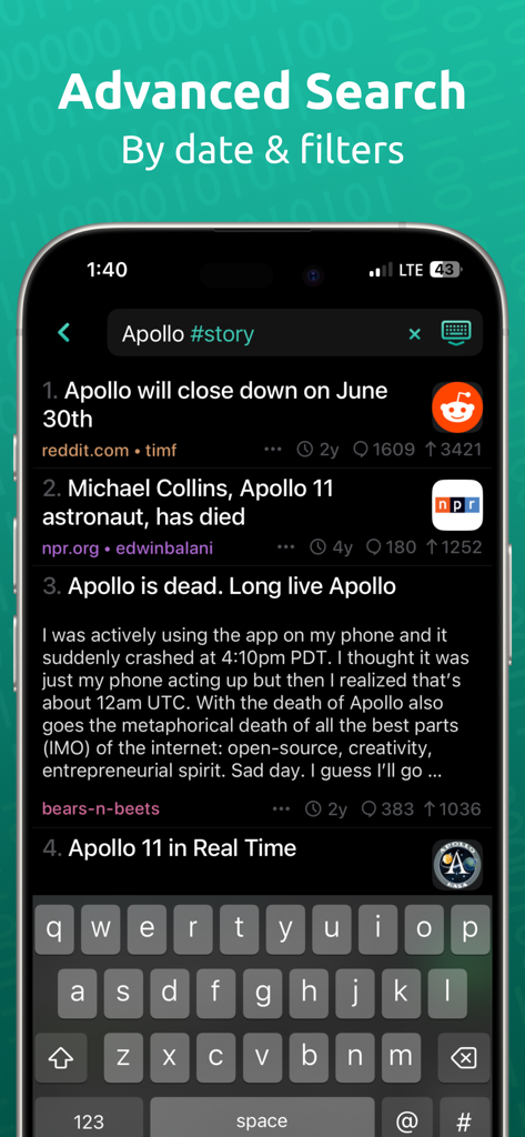 Advanced search screen of the HACK app showing results for Apollo stories with specific tag filters