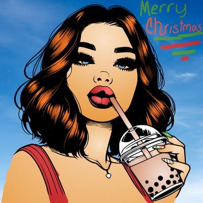 realistic girl with glossy lips holding boba