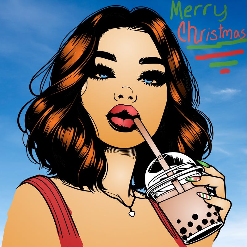 realistic girl with glossy lips holding boba