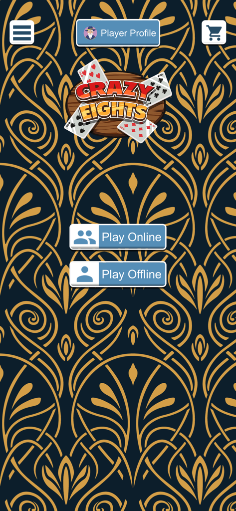 Menu principale dell'app del gioco di carte Crazy Eights che mostra le opzioni Gioca Online e Gioca Offline