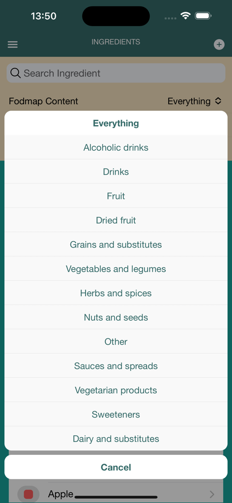 Una pantalla de aplicación móvil que muestra una lista de categorías de alimentos como frutas, verduras y lácteos para la dieta Fodmap 2.0.