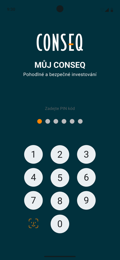 Tela de login segura para o aplicativo de investimentos My Conseq 2.0 com teclado PIN e autenticação biométrica