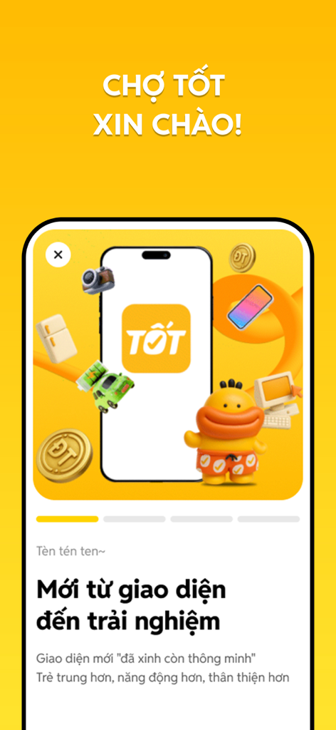 Pantalla de bienvenida de la app Cho Tot con un smartphone e iconos de productos del mercado.