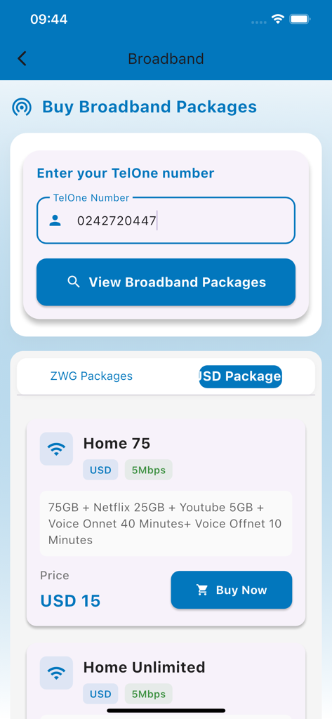 My Telone V3 app interface showing broadband package options and prices