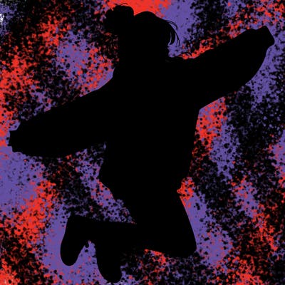 realistic girl jumping with a bun and oversized sweatshirt