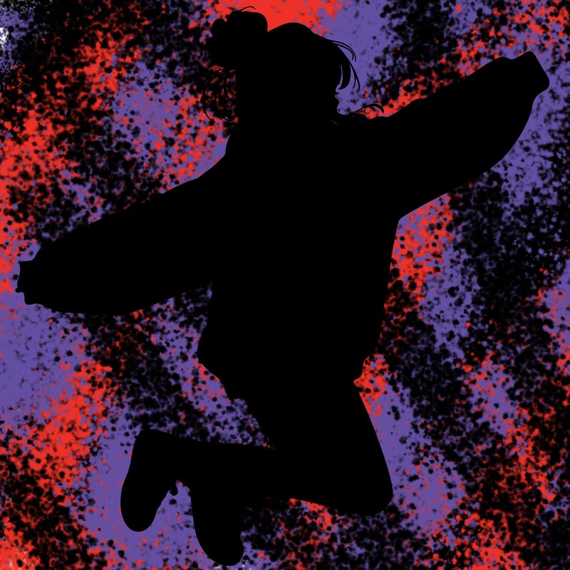 realistic girl jumping with a bun and oversized sweatshirt