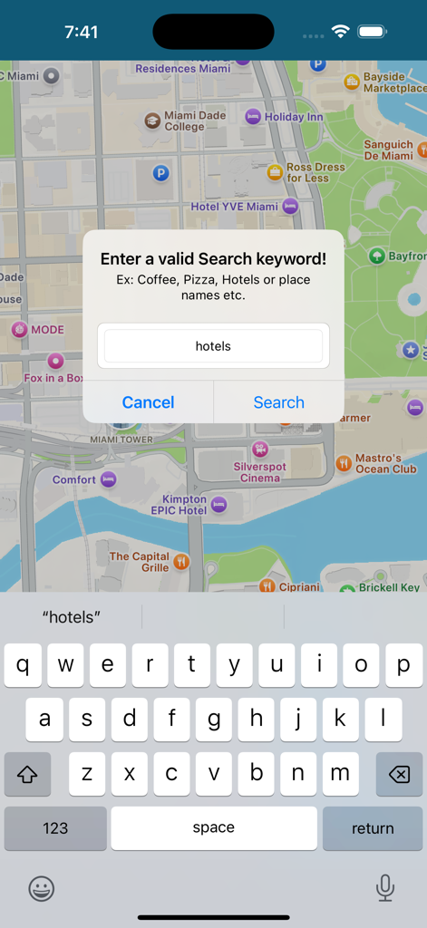 KML & KMZ Files Viewer - A search prompt for hotels and points of interest displayed over a map in the KML and KMZ Files Viewer app.