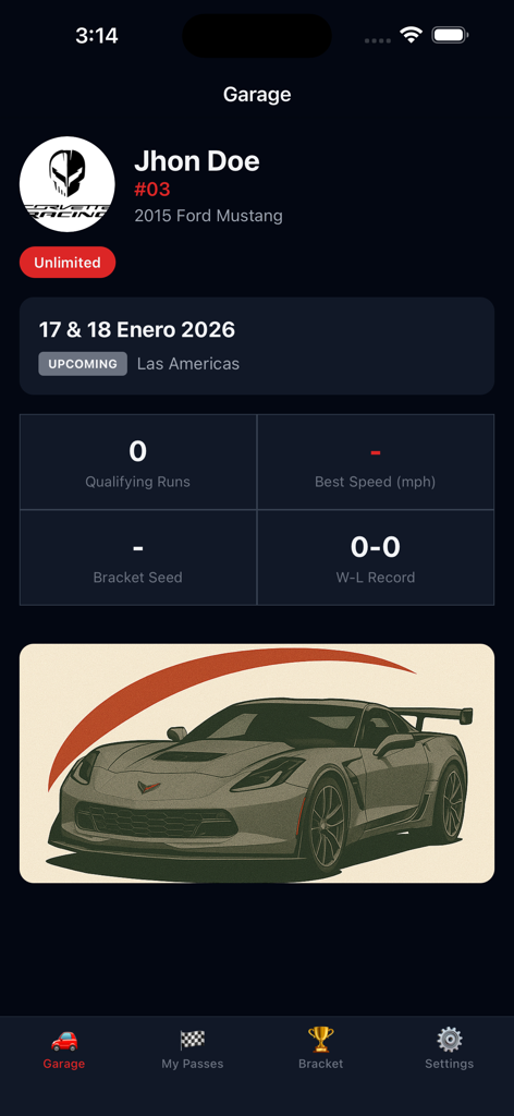 Dominican Roll Race - Garage screen of the Dominican Roll Race app showing a driver profile with racing statistics and upcoming event details.