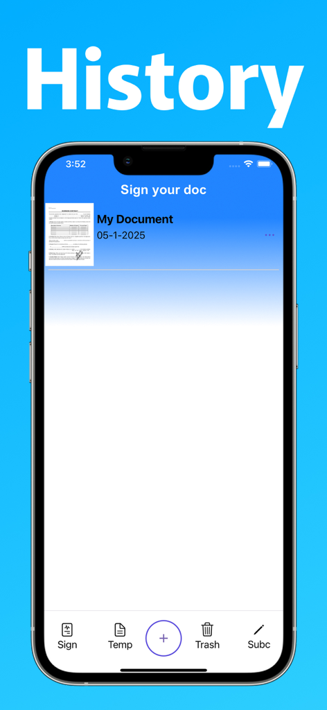 スマートフォンの画面に署名済みデジタルドキュメントの履歴リストを表示するEasy Signアプリのインターフェース。