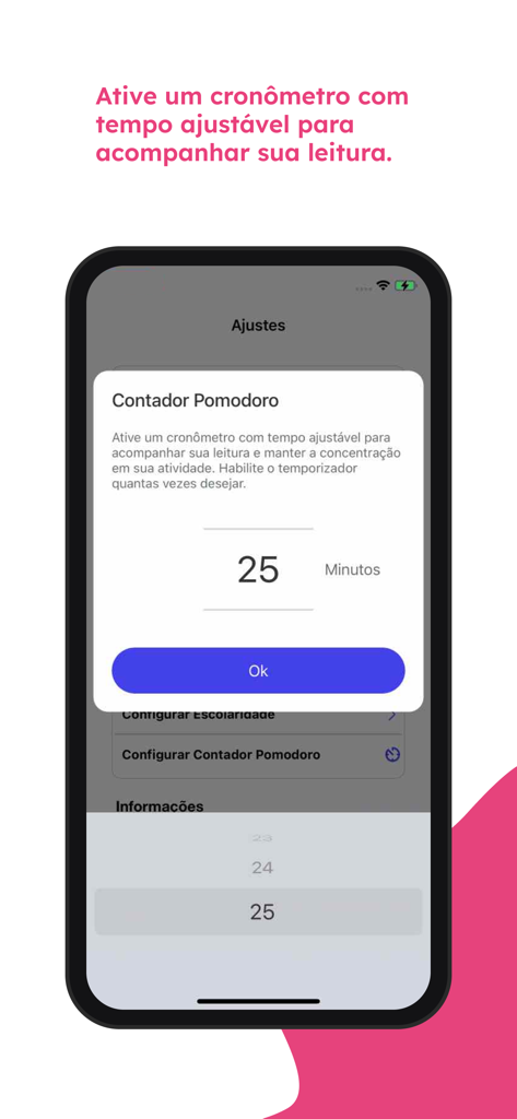 Aya Ensinah mobile app interface showing a Pomodoro timer set for 25 minutes to help students focus on studying