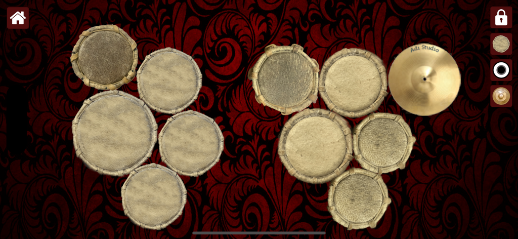 Una representación digital de tambores de percusión tradicionales indonesios y un címbalo sobre un fondo de patrón rojo.