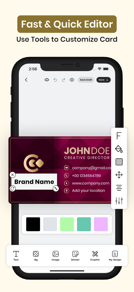 Interfaccia dell'app mobile per la modifica e la personalizzazione di biglietti da visita professionali