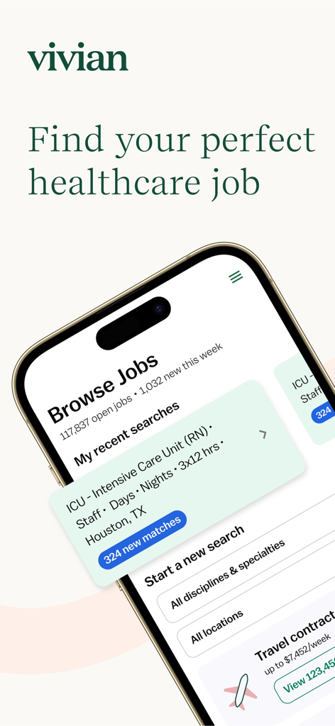 Vivian - Find Healthcare Jobs - Interfaz de la aplicación móvil Vivian mostrando resultados de búsqueda de empleo de enfermería y oportunidades de contratos de atención médica de viaje