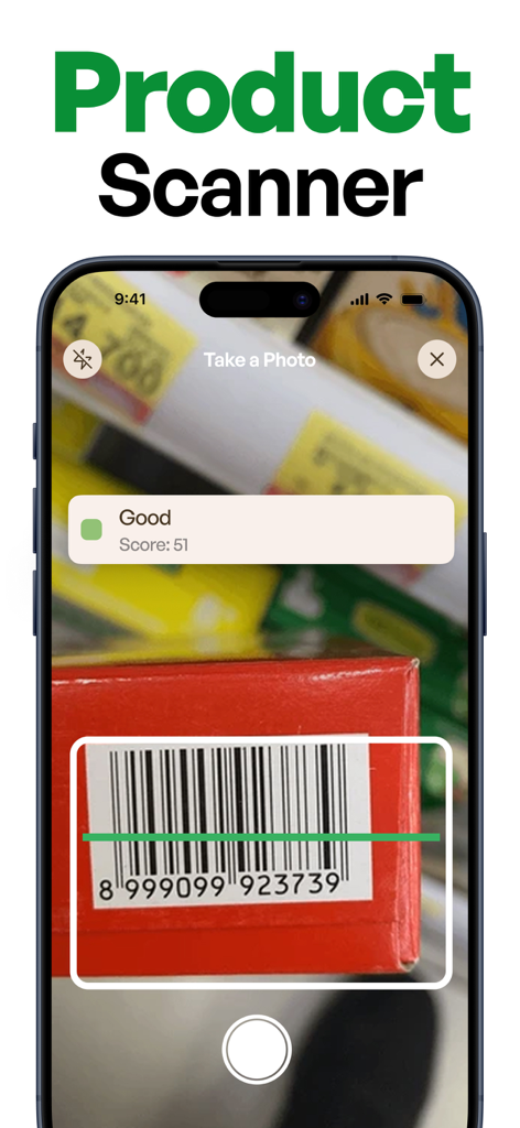 The Product Scanner & AI Food - An iPhone screen displaying the Product Scanner app scanning a barcode on a food product and showing a health score