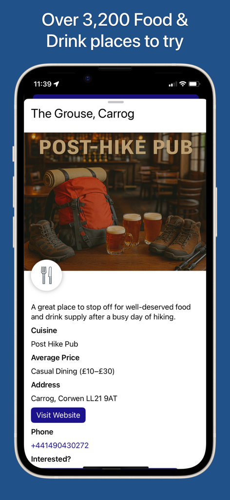 UK Hidden Gems - Mobile app screen displaying a local pub recommendation with details on cuisine price and location for travelers in the UK