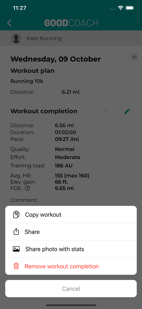 Pantalla de finalización de entrenamiento de la aplicación Good Coach que muestra estadísticas de carrera y opciones de menú de acción.
