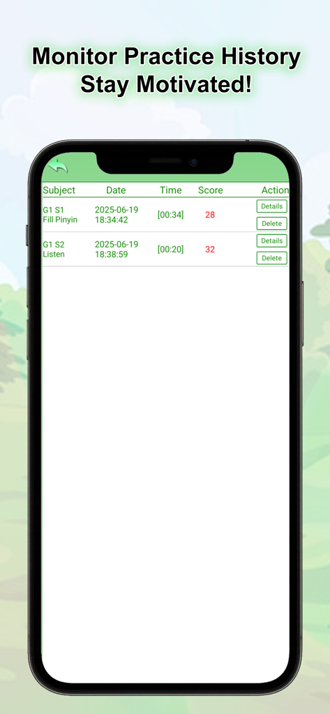 Pinyin Academy-Fun with Pinyin - A screen showing the practice history and progress tracking feature in the Pinyin Academy app