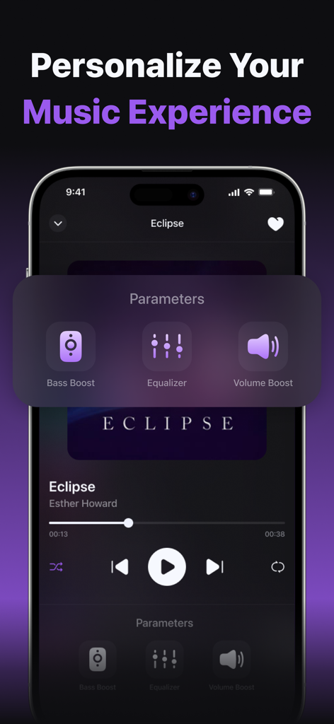 Music Equalizer: Bass Tuner. - Mobile app interface for Music Equalizer showing bass boost and volume control options