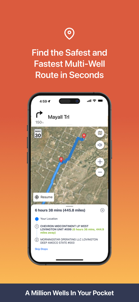 Wellsite Navigator - Wellsite Navigator app displaying a multi-stop route on a satellite map for oilfield navigation.
