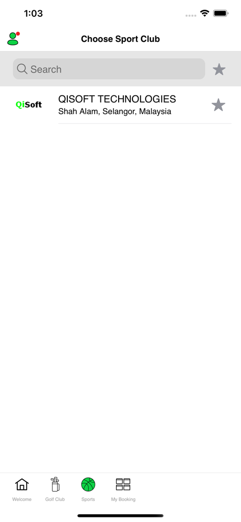 Mobile screen showing the choose sport club interface in the QiSoft Golf application.