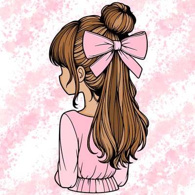 realistic girl  with hip length hair a bun and a big bow on the back of head