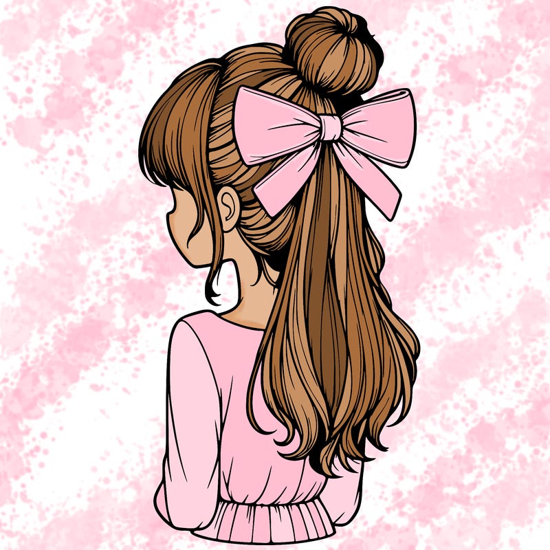 realistic girl  with hip length hair a bun and a big bow on the back of head