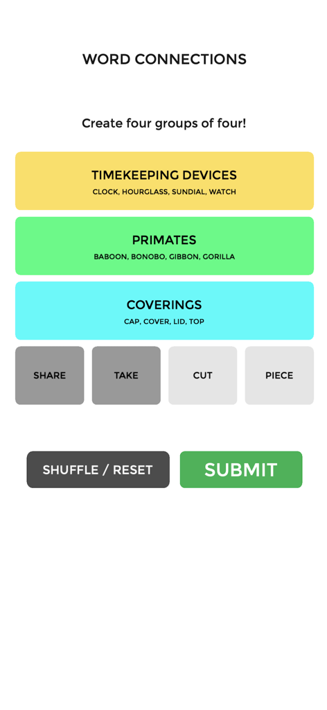 Connect Words - Puzzle Game - Pantalla de juego de Connect Words mostrando palabras agrupadas en categorías como primates y dispositivos de medición del tiempo