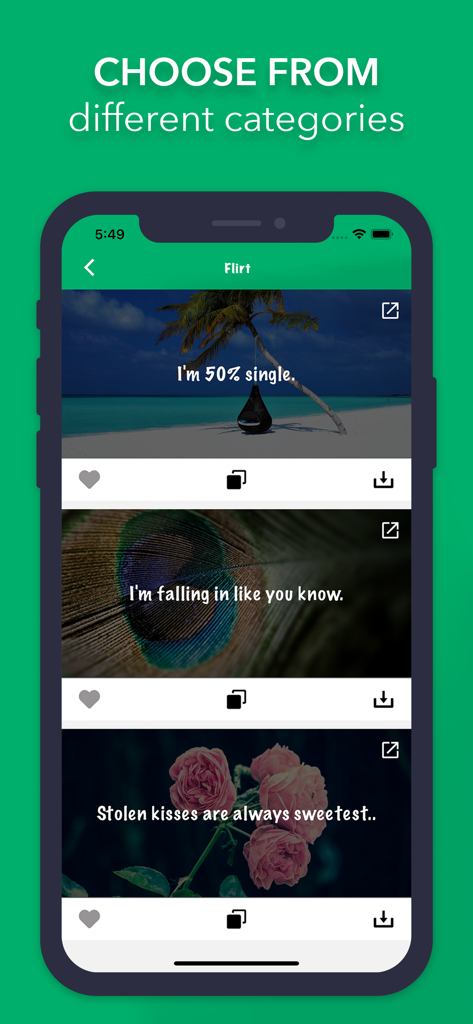 Interface de l'application Status Save affichant des citations d'images romantiques dans la catégorie flirt