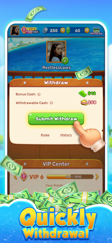 Solitaire Riches:Win Cash - Interfaz de la pantalla de la aplicación móvil Solitaire Riches que muestra la rápida interfaz de retiro de efectivo real.