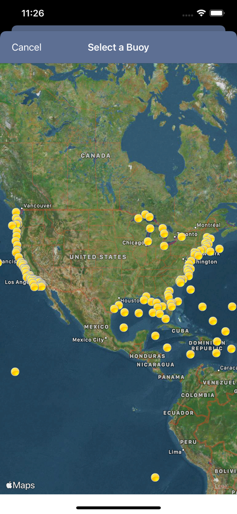 Satellite map of North America showing yellow markers for buoy locations used in surf forecasting