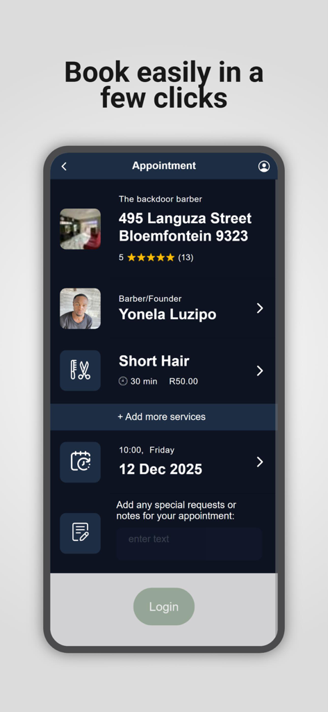 The Backdoor barber - Tela do aplicativo móvel mostrando detalhes da consulta para um serviço de barbearia, incluindo data, hora e nome do barbeiro.