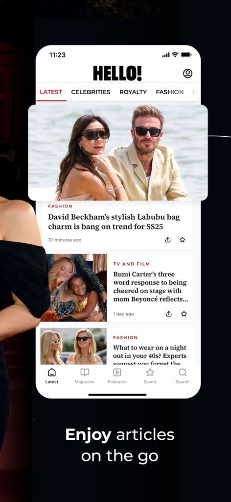 Interface of the HELLO! Magazine UK app showing latest celebrity and fashion news