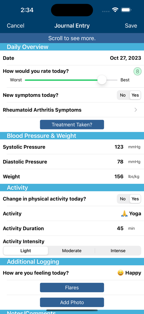 RA Manager app journal entry screen for tracking symptoms and daily health metrics