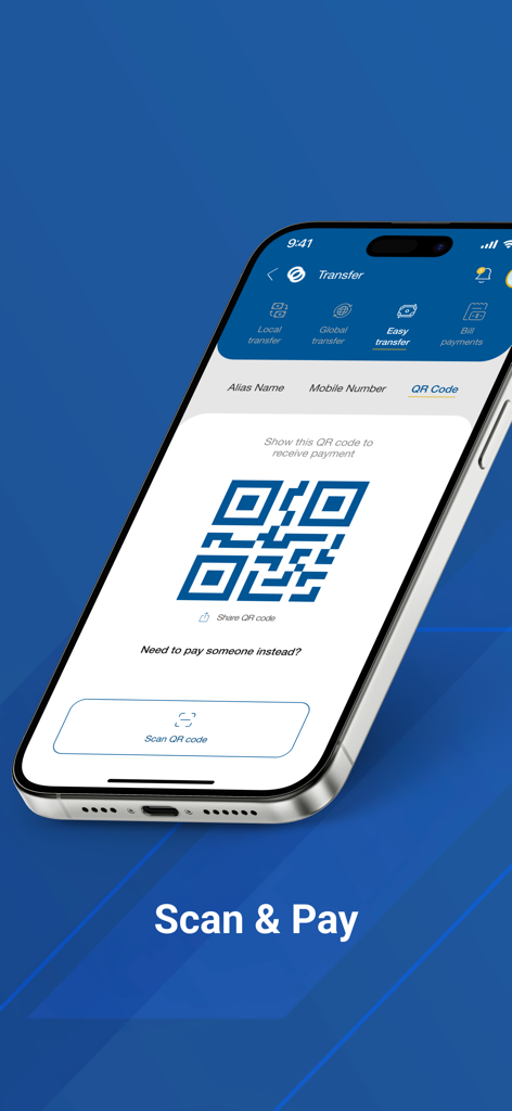 Ahlibank M-Bank - Ahlibank M-Bank mobile app screen showing the Scan and Pay QR code feature for transfers