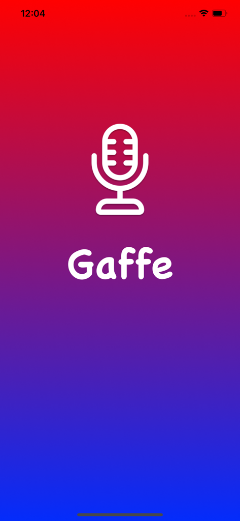 Gaffe: Political Soundboard - The splash screen for the Gaffe Political Soundboard app featuring a microphone icon and the app name on a red to blue gradient background