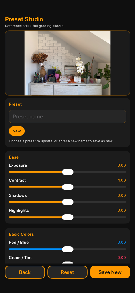 Cinerec - Cinerec Preset Studio interface featuring professional color grading sliders and preset creation tools