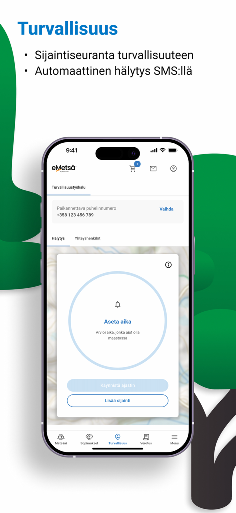 eMetsä Mobiili - Interface móvel da ferramenta de segurança no aplicativo eMetsä Mobiili mostrando rastreamento de localização e recursos de alerta por SMS