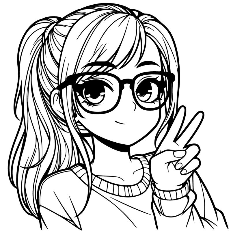realistic girl with ponytail glasses and doing the peace