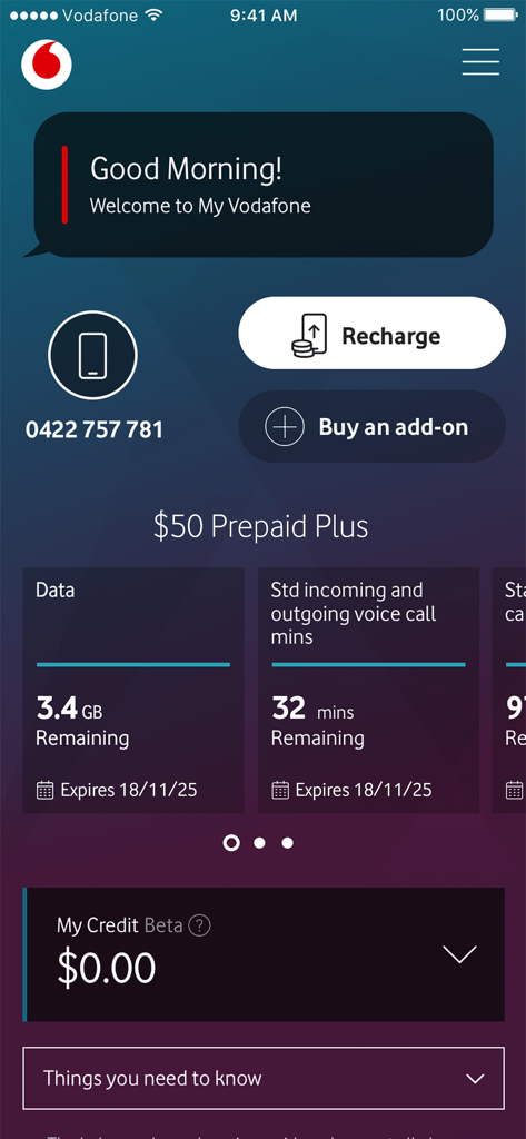 Dashboard dell'app My Vodafone Australia che mostra l'utilizzo prepagato per dati e minuti di chiamata