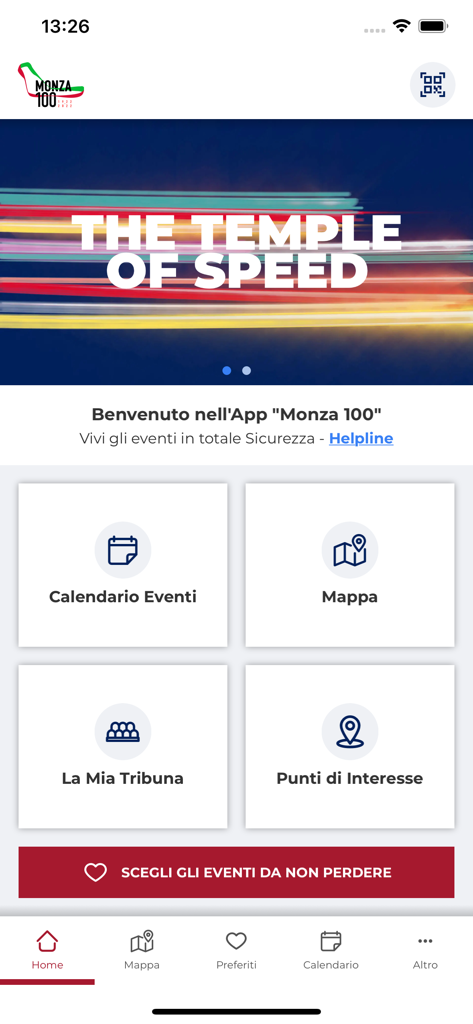 Monza Circuit - Home screen of the Monza Circuit app featuring the Temple of Speed banner and menu options for calendar and maps.
