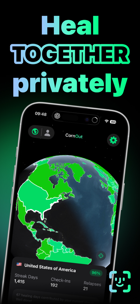 Smartphone screen showing a 3D globe of global recovery progress and statistics in the CornOut app under the headline Heal Together Privately.