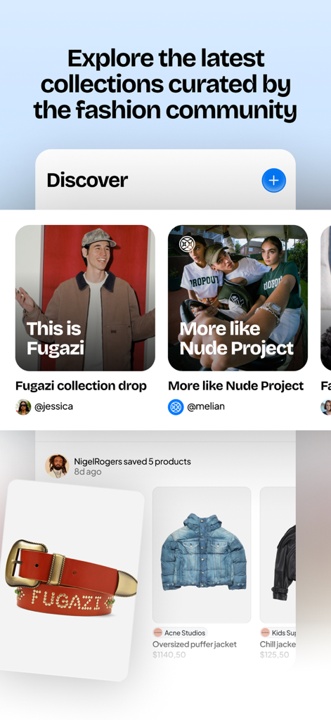 Mobile App-Oberfläche mit kuratierten Modekollektionen und Produkten einzigartiger Marken wie ein Fugazi-Gürtel und eine Acne Studios-Jacke.