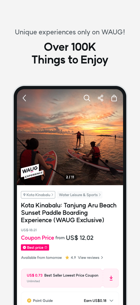 WAUG - Explore MORE. - WAUG mobile app interface showcasing a sunset paddleboarding experience in Kota Kinabalu.